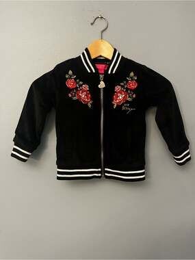 Betsey Johnson Velvet Bomber Jacket with Red Rose Embroidery